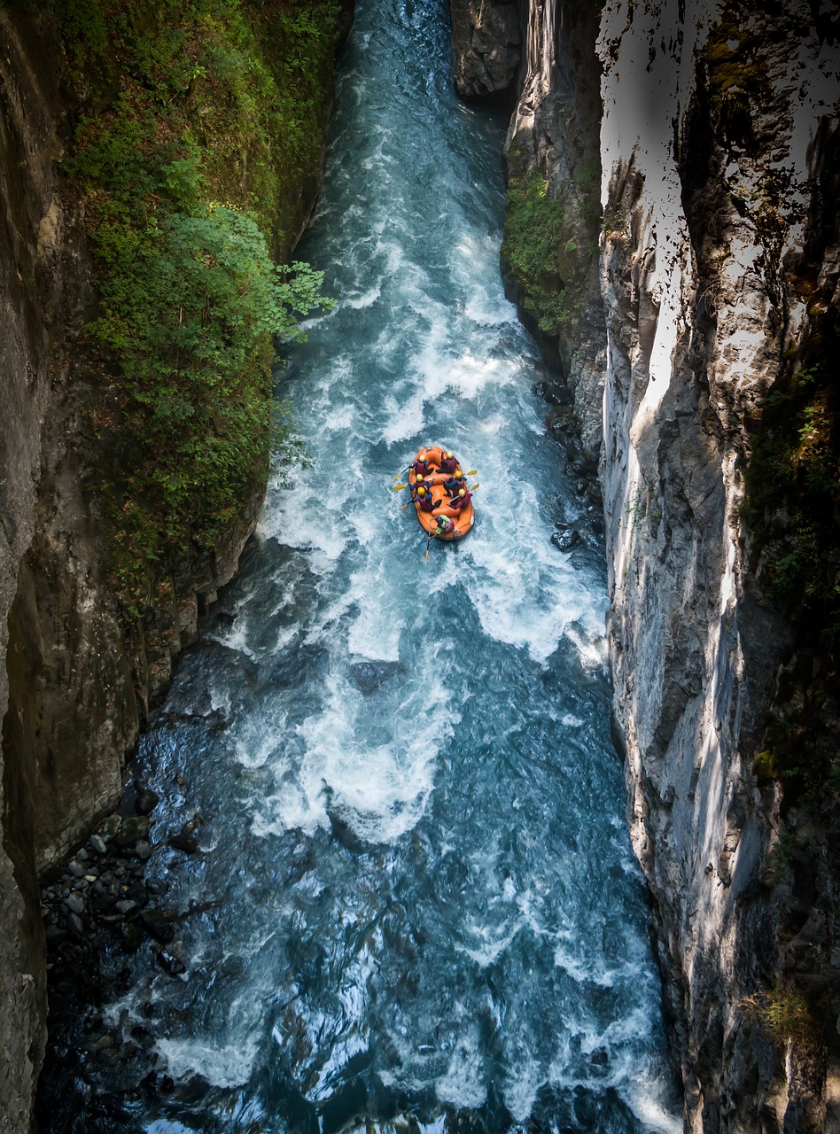 Group enjoying thrilling whitewater rafting in rugged river rapids, showcasing adventure and teamwork.