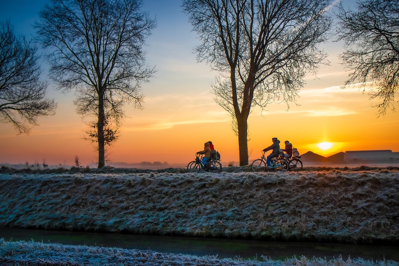 cycling, nature, students, sunrise, netherlands, landscape