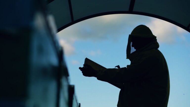 Silhouette of a beekeeper handling equipment under a clear sky.